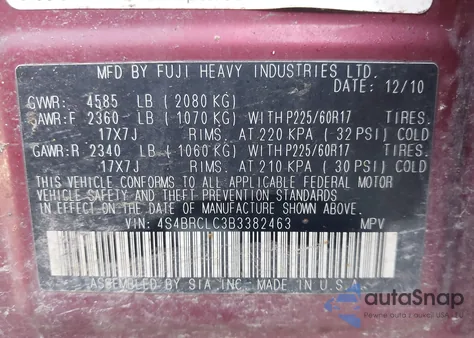 2011 Subaru Outback 2.5I Limited from USA, damaged, VIN 4S4BRCLC3B3382463